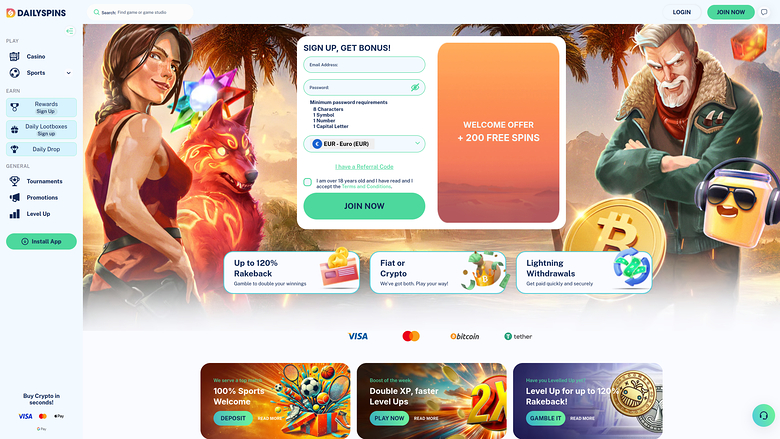 A DailySpins online casino landing page showing a sign-up form with a welcome offer of 200 free spins over a promotional hero illustration.