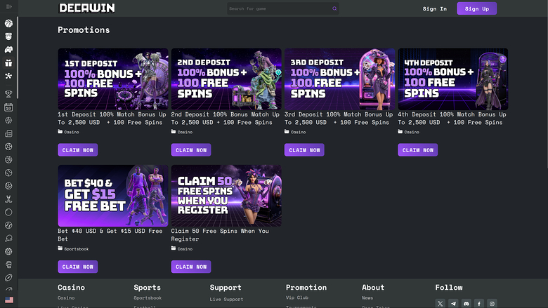Decawin Casino — Promotions page
