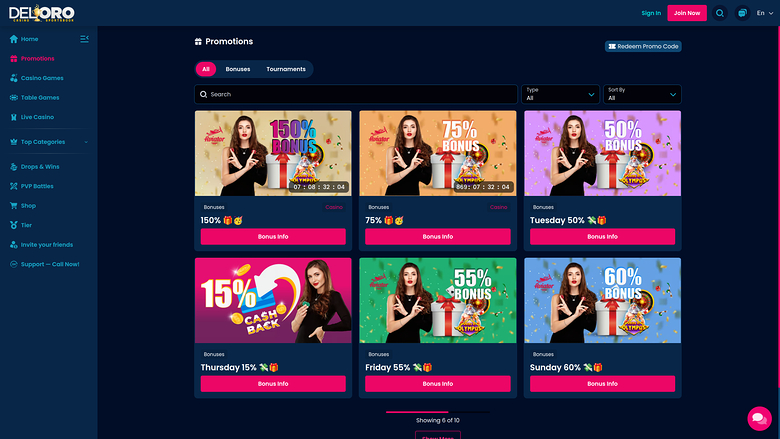 Del Oro Casino — Promotions page