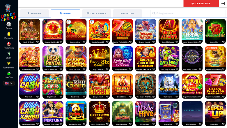 A casino lobby screen showing a grid of slot game tiles under tabs for Popular, Slots, Table Games and Favourites, with a red Quick Register button.