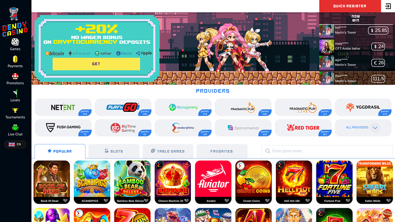 An online casino lobby screen showing a crypto bonus banner, a provider grid, and a row of game tiles.