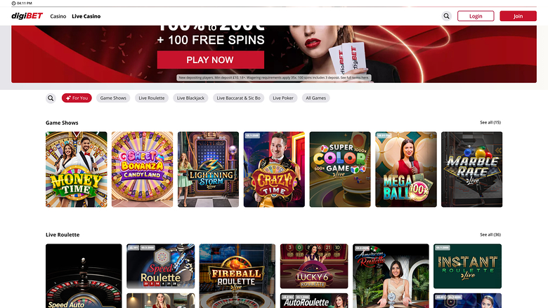 Digibet Casino — Live dealer lobby
