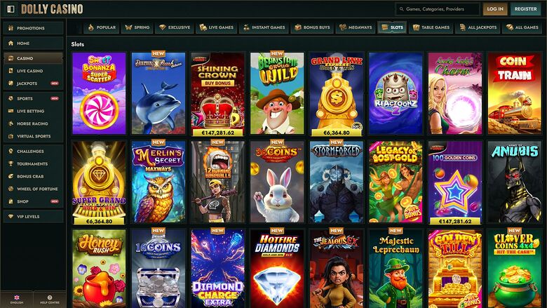 A Dolly Casino slots lobby screen showing a grid of game tiles beneath a category menu and a left sidebar.
