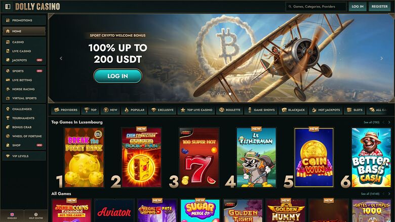 Dolly Casino homepage showing a sports crypto welcome bonus hero banner and a lobby of game tiles.
