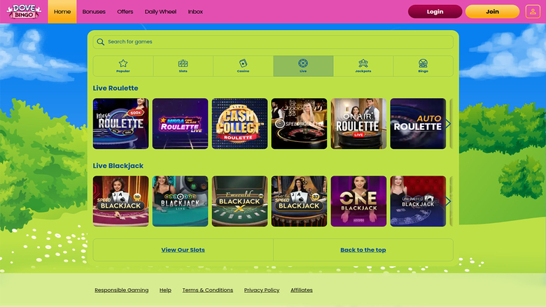 Dove Bingo Casino — Live dealer lobby