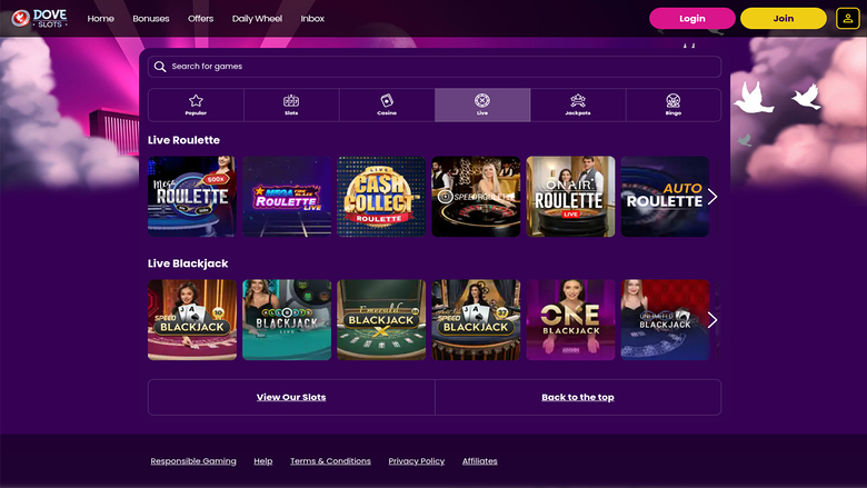 Dove Slots Casino — Live dealer lobby