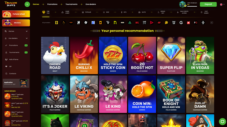 An online casino lobby page showing a left sidebar menu, a top navigation bar and a grid of game tiles under a personal recommendation heading.