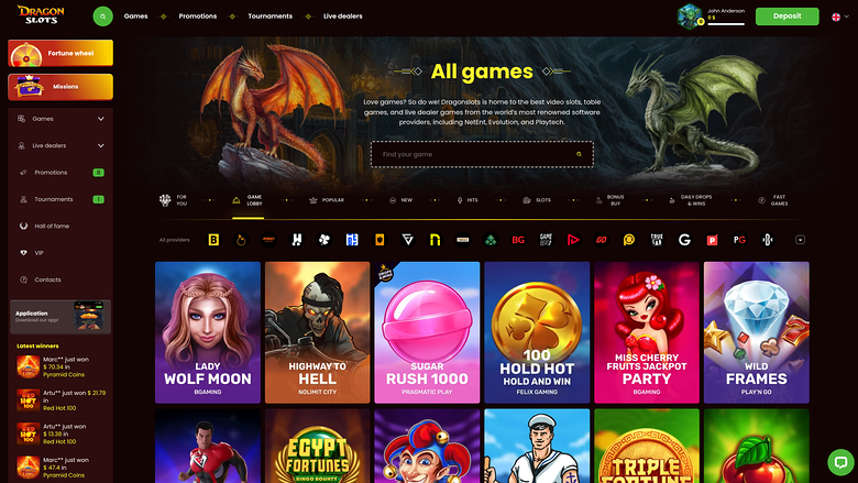 An online casino lobby page titled 'All games' showing a game grid, category filters and a left sidebar menu.
