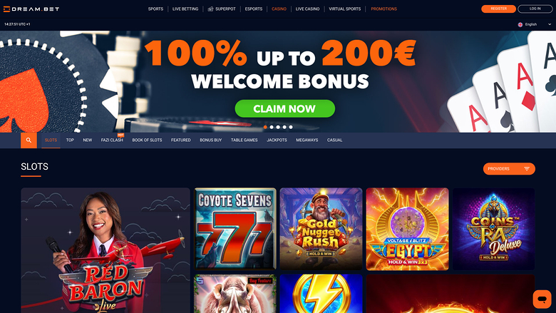 An online casino homepage for Dream Bet showing a welcome bonus hero banner and a slots game grid.