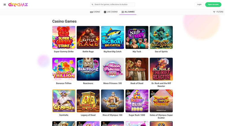 An online casino lobby page showing a grid of casino game tiles under the heading 'Casino Games'.