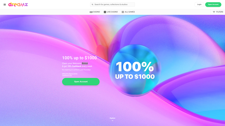 The Dreamz online casino homepage displays a welcome bonus hero section with a registration call to action.