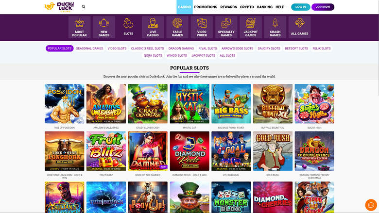 A Ducky Luck online casino lobby page showing a Popular Slots category with a grid of game tiles.