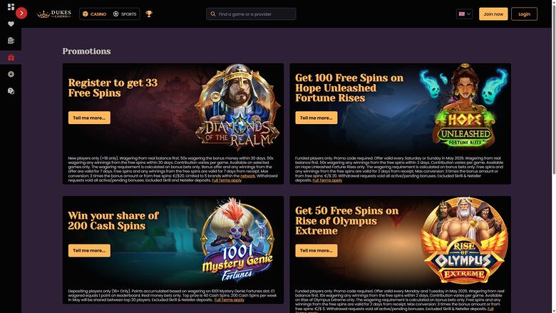 Dukes Casino — Promotions page