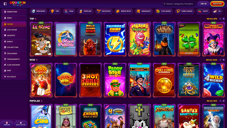 A casino lobby screen for 'DOOSPIN' showing rows of game tiles under Top, New and Popular headings with a left sidebar menu.