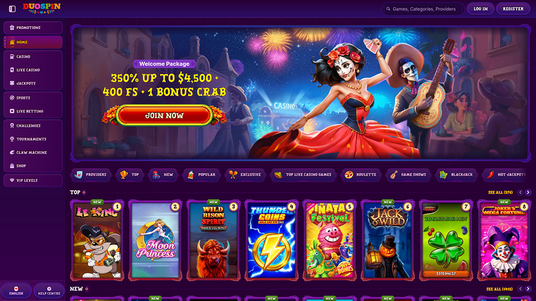 A DuoSpin online casino lobby screen showing a welcome bonus hero banner, a horizontal category filter bar and rows of game tiles.