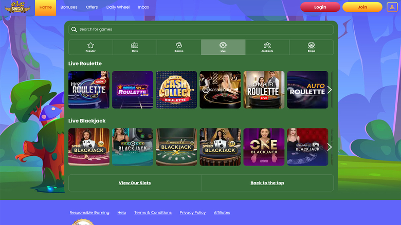 Elf Bingo Casino — Live dealer lobby