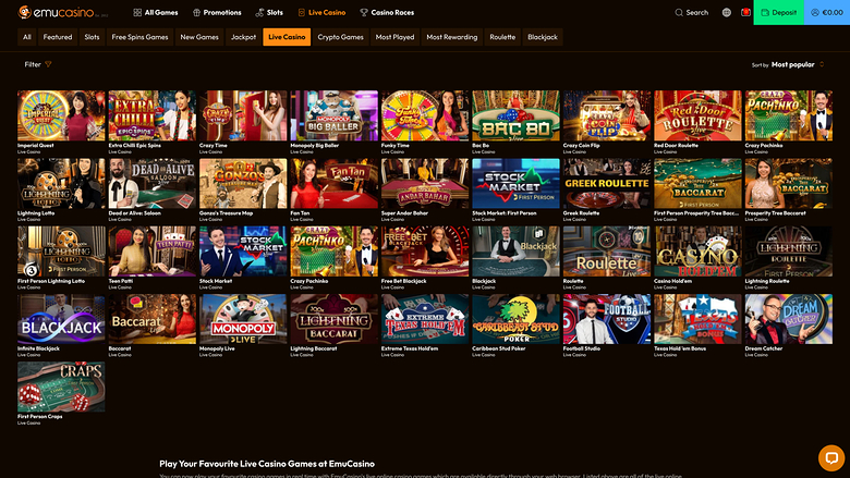 Emu Casino — Live dealer lobby