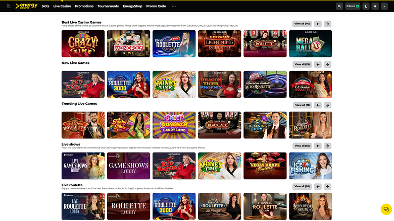 Energy Casino — Live dealer lobby