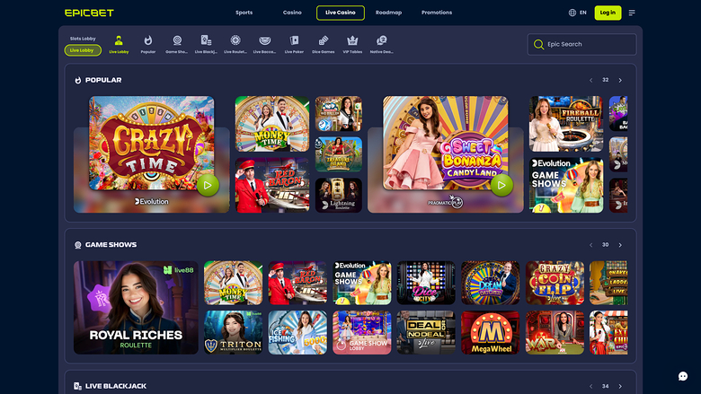 EpicBet Casino — Live dealer lobby