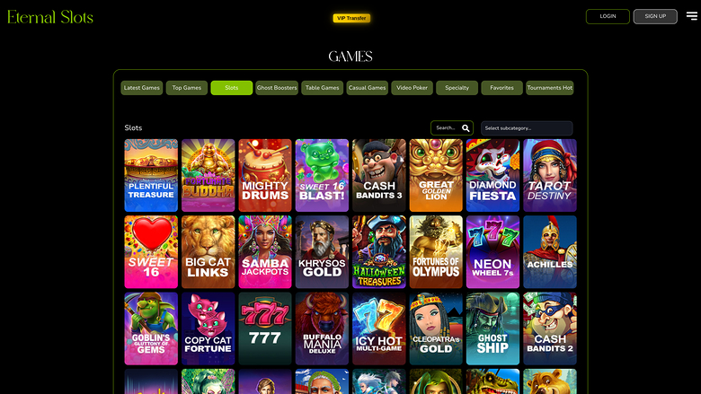 An online casino lobby titled Games showing a grid of slot game tiles with category tabs and search controls.