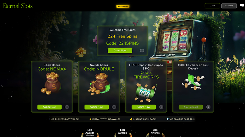 An online casino landing page for Eternal Slots showing a welcome free spins offer and four promotional bonus cards over a dark forest background with a slot ma