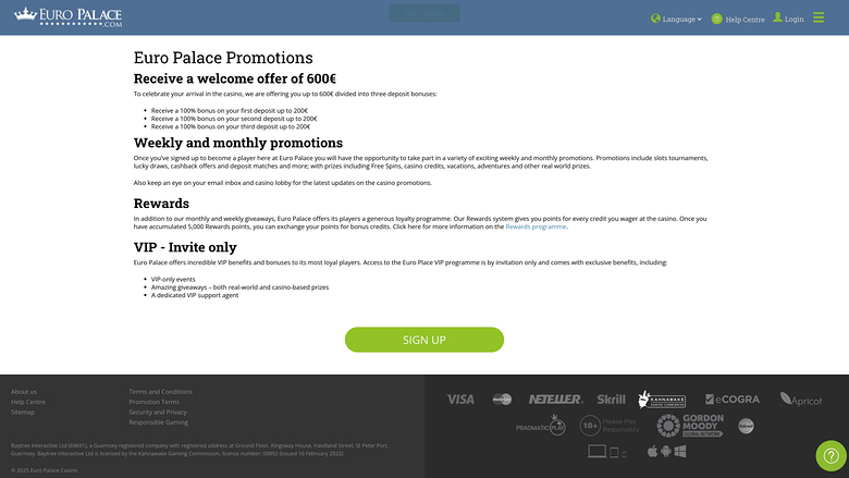 Euro Palace Casino — Promotions page
