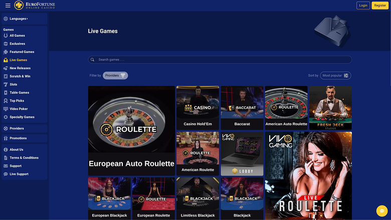 EuroFortune Casino — Live dealer lobby