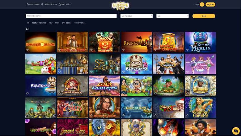 An online casino lobby page showing a grid of game tiles under an 'All' heading with filter and search controls.