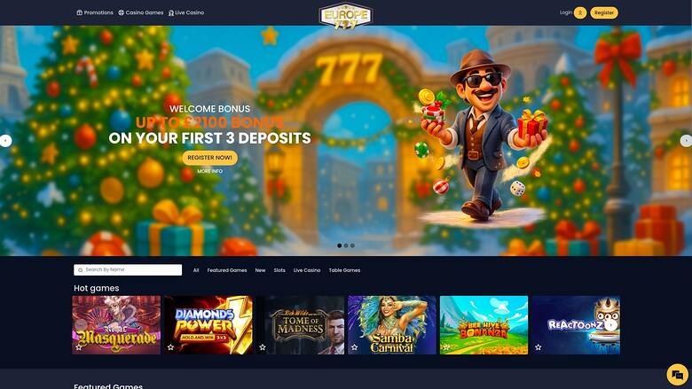 A casino homepage shows a festive winter welcome-bonus hero banner above a search bar, category tabs and a row of game tiles.