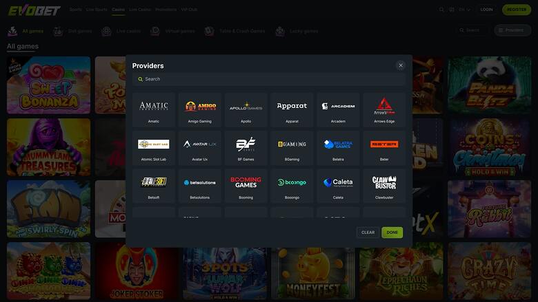 Evobet Casino — Games by studio