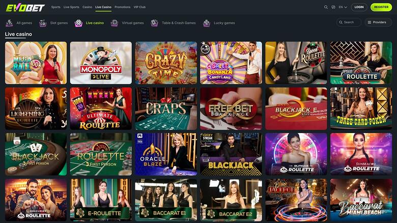 Evobet Casino — Live dealer lobby