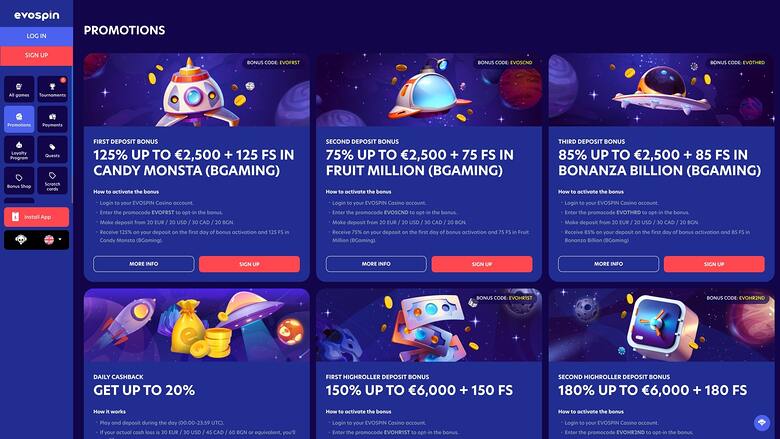 EvoSpin Casino — Promotions page