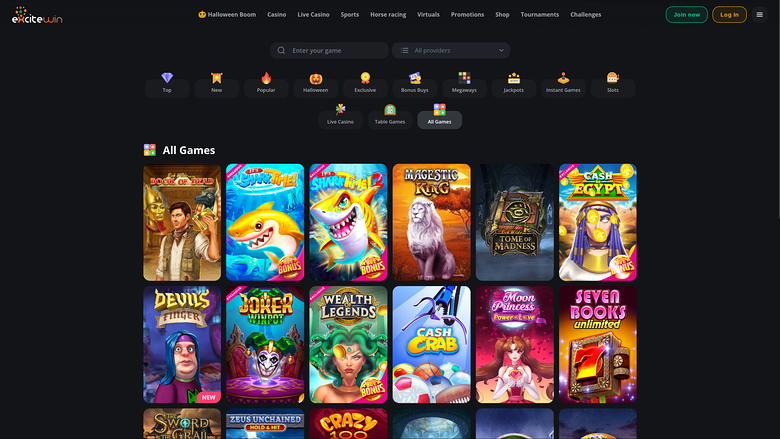 An online casino lobby page showing a top navigation bar, a search and filter area, category icons, and a grid of game tiles under an All Games heading.