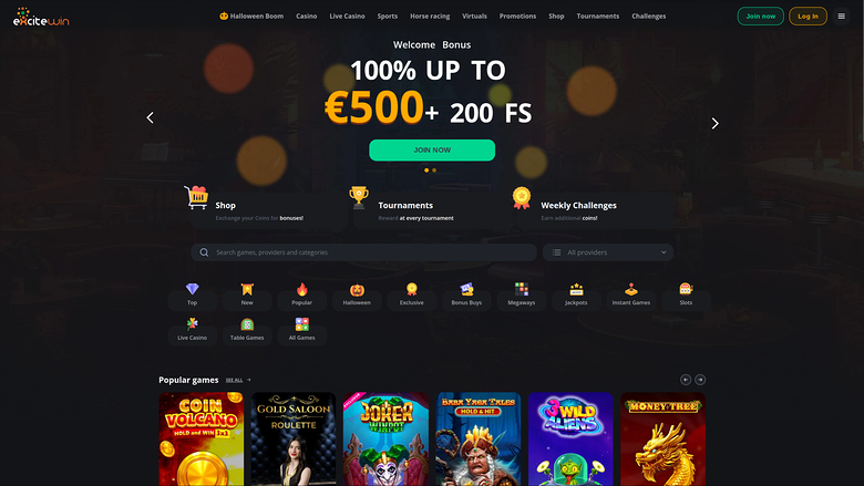 An online casino homepage shows a welcome bonus hero banner, a search bar with category icons, and a row of popular game tiles.