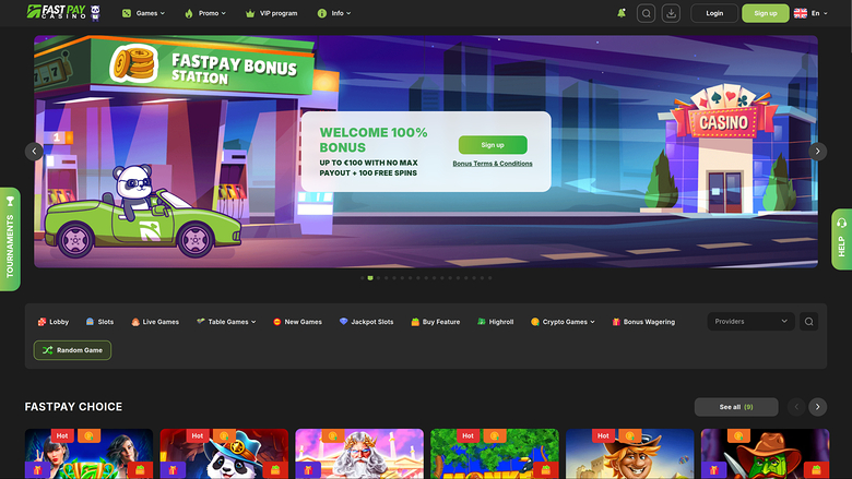 Fastpay casino homepage showing a welcome bonus hero banner, a lobby category bar and a row of game tiles.