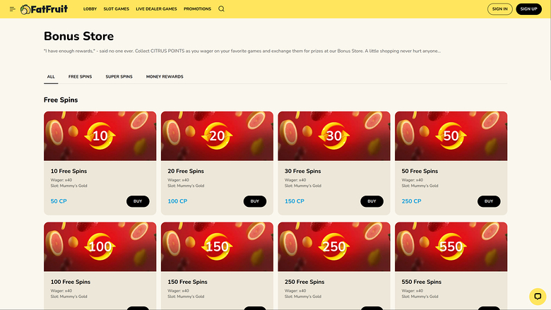 FatFruit Casino — Bonus page