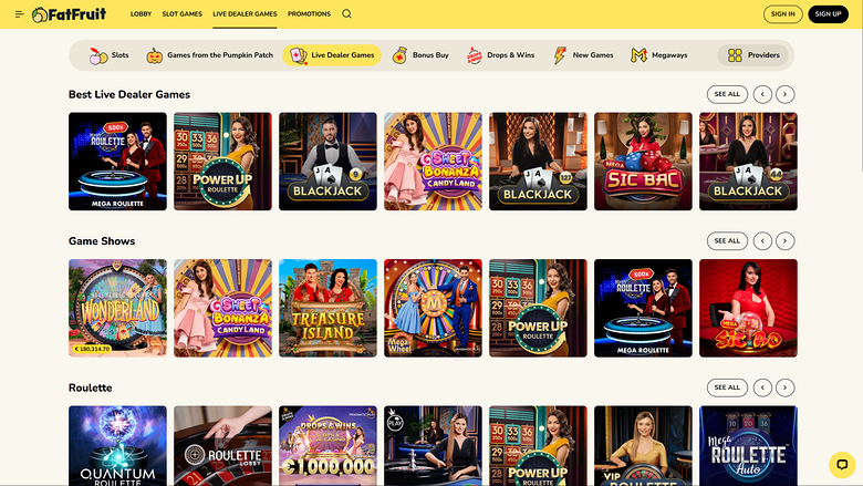 FatFruit Casino — Live dealer lobby