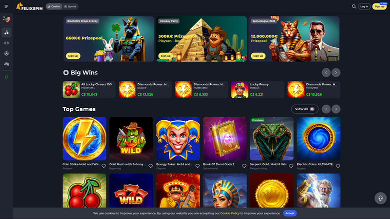 An online casino homepage showing promotional banners, a Big Wins ticker and a Top Games grid.