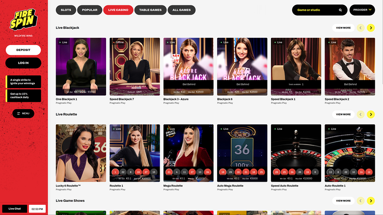 Firespin Casino — Live dealer lobby