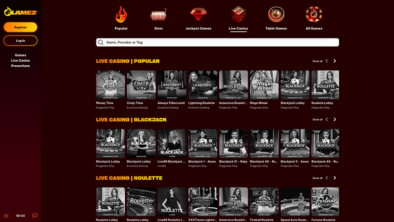Flamez Casino — Live dealer lobby