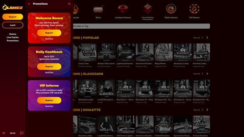 Flamez Casino — Promotions page