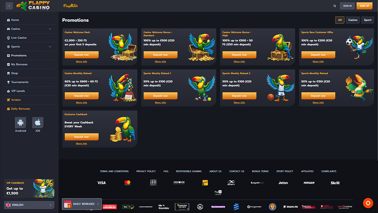 Flappy Casino — Promotions page