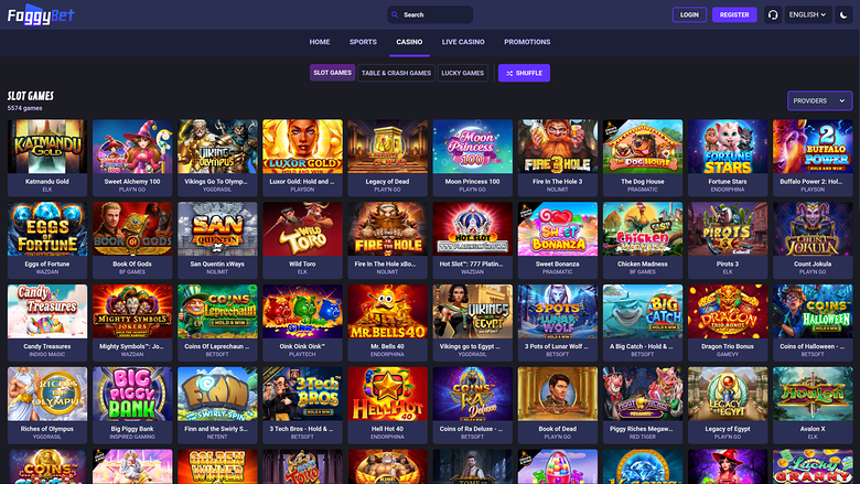 An online casino lobby displays a grid of slot game tiles under a 'SLOTS GAMES' heading with top navigation and login/register buttons.