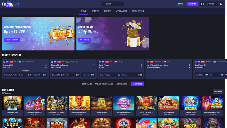 An online casino homepage showing a welcome bonus banner, daily offers, a live betting section and a grid of slot game tiles.