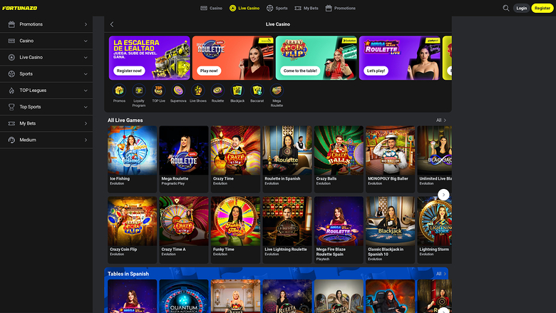 Fortunazo Casino — Live dealer lobby