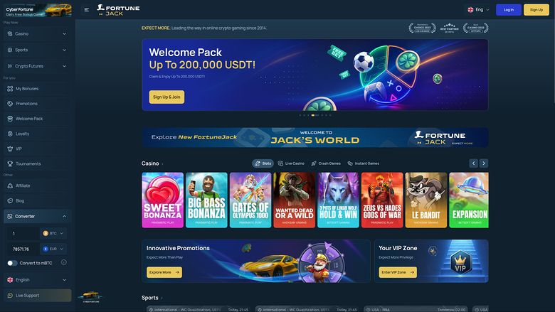 A logged-in online casino lobby dashboard showing a welcome bonus banner, a Jack's World promotion strip, casino game tiles and promotional panels.