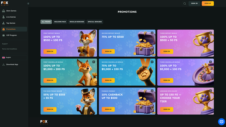 FoxSlots Casino — Promotions page