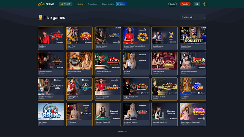 Frank Casino — Live dealer lobby