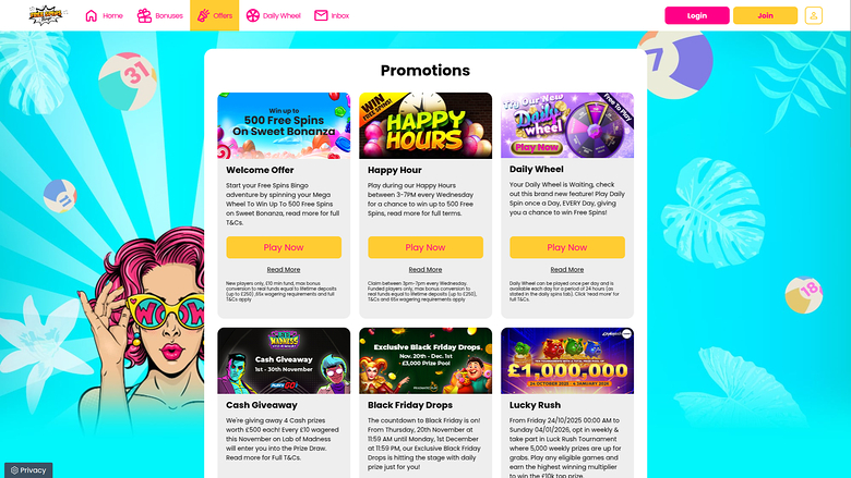 Free Spins Bingo — Promotions page