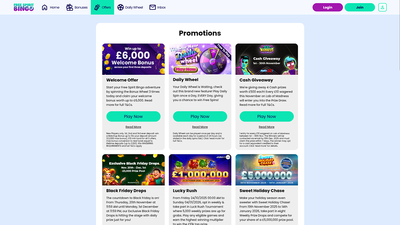 Free Spirit Bingo — Promotions page